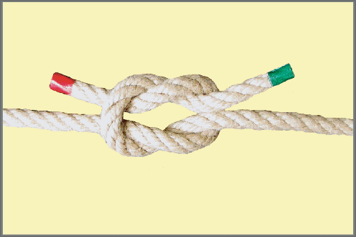 Seemannsknoten - Kreuzknoten / Anleitung Schritt 4: Machen Sie mit den beiden Enden einen zweiten Haushaltsknoten und ziehen Sie den Knoten an allen Enden gleichzeitig zu. Fertig ist der Kreuzknoten.